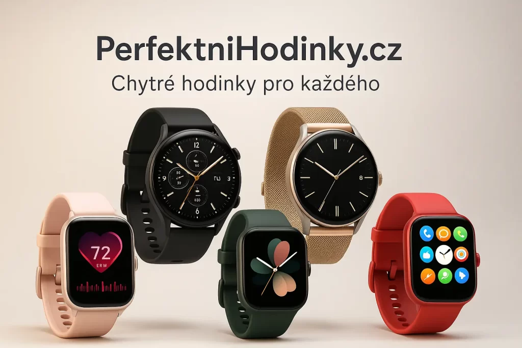 Moderni chytre hodinky ruznych tvaru a barev na bannere eshopu PerfektniHodinky.cz – idealni vyber pro muze, zeny i deti hledajici stylove smartwatch.