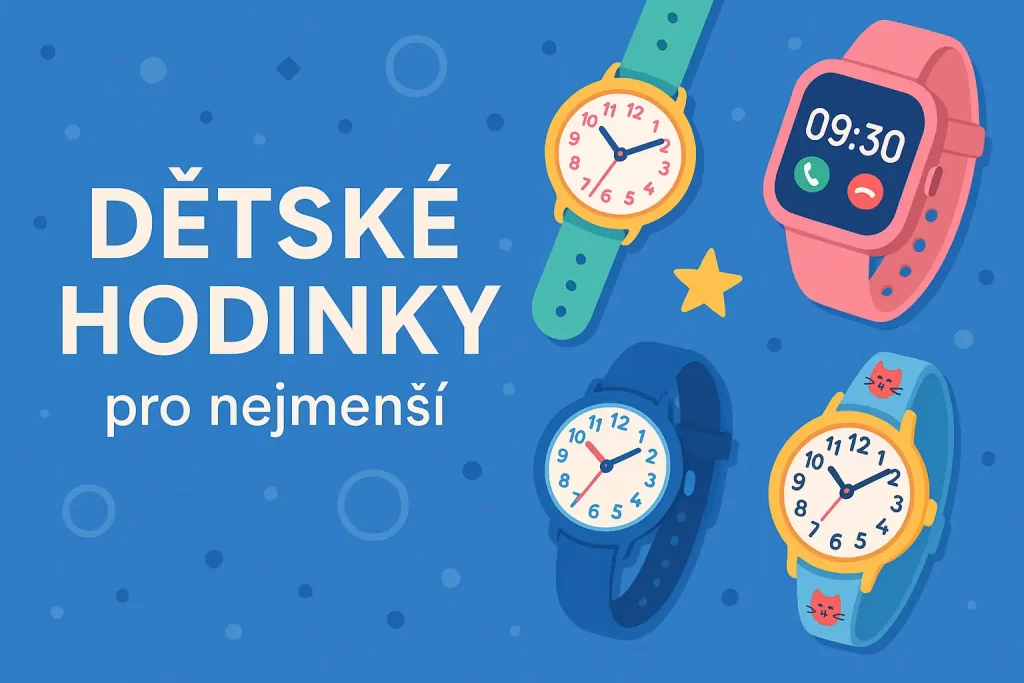 Barevný banner znázorňující dětské hodinky pro nejmenší – zobrazuje různé typy hodinek pro kluky a holky od 3 let. Ideální jako doplněk SEO obsahu na téma detske hodinky pro nejmensi, včetně modelů s ručičkami i chytrých funkcí.