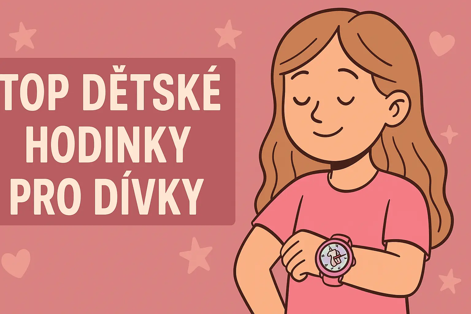 „Usměvavá dívka s růžovými dětskými hodinkami a nápisem TOP dětské hodinky pro dívky.“