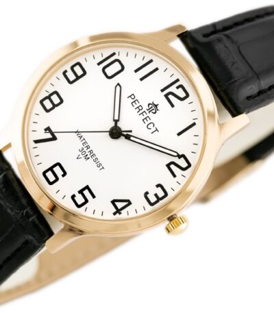 Pánské elegantní hodinky Perfect s koženým páskem: analogové, kulaté, zlaté hodinky pro muže