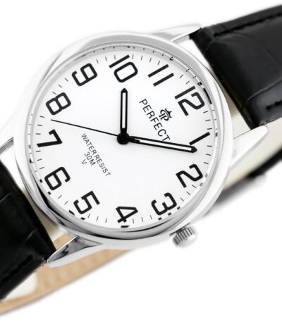 Pánské klasické hodinky Perfect s koženým páskem: analogové, kulaté, stříbrné hodinky pro muže