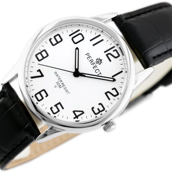 Pánské klasické hodinky Perfect s koženým páskem: analogové, kulaté, stříbrné hodinky pro muže