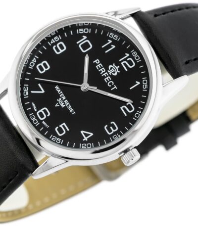Pánské klasické hodinky Perfect s koženým páskem: analogové, kulaté, stříbrné hodinky pro muže