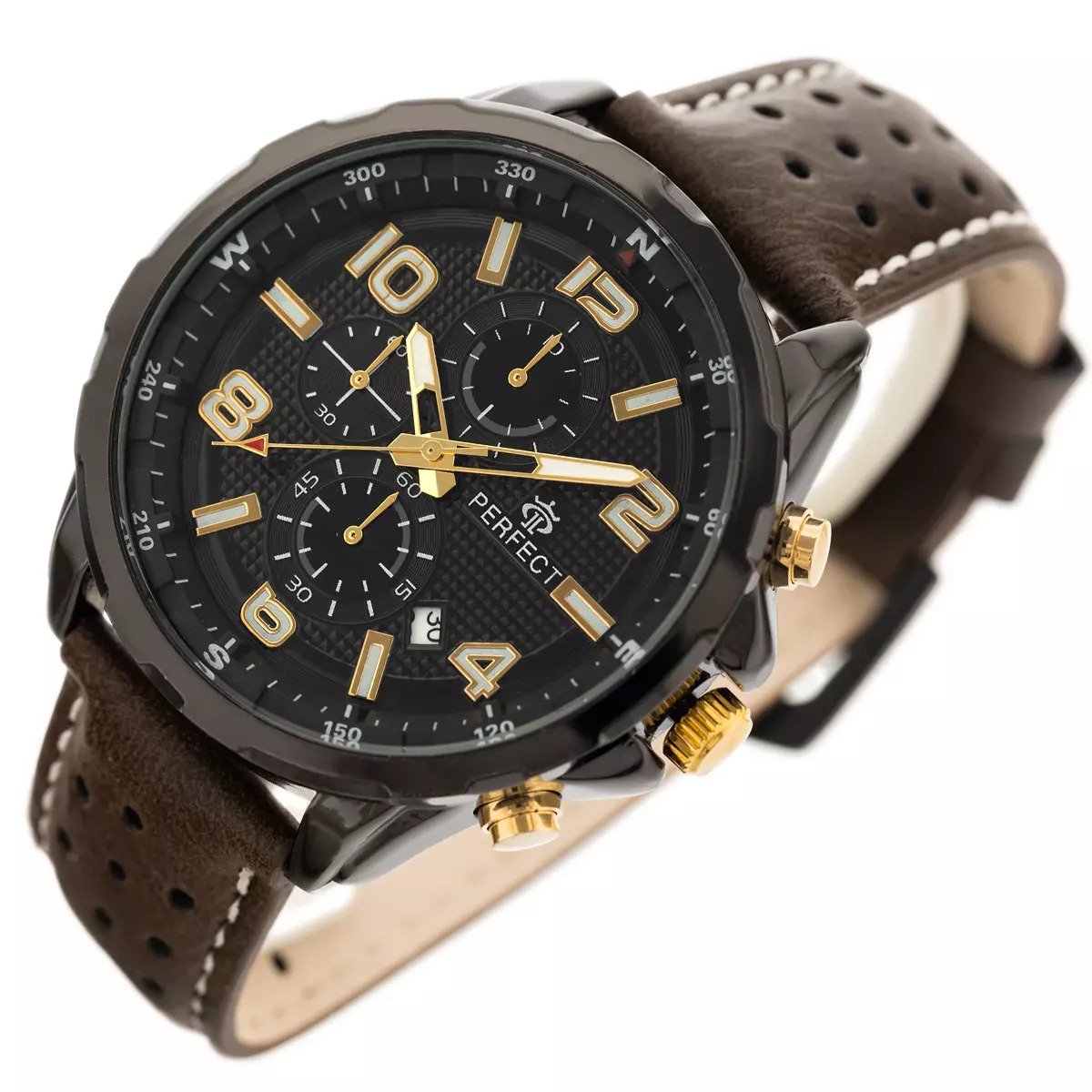Pánské elegantní hodinky Perfect s koženým páskem: analogové, kulaté, černé hodinky pro muže