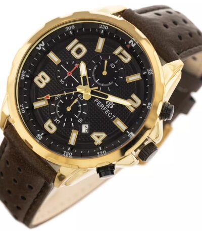 Pánské elegantní hodinky Perfect s koženým páskem: analogové, kulaté, zlaté hodinky pro muže