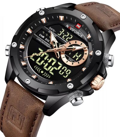 Naviforce - Elegantní pánské hodinky černé, kulaté analogové hodinky s koženým páskem