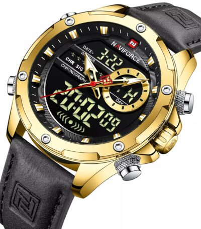 Naviforce - Elegantní pánské hodinky zlaté, kulaté analogové hodinky s koženým páskem