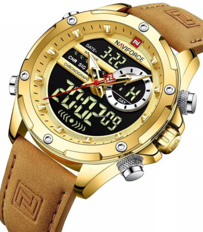 Naviforce - Elegantní pánské hodinky zlaté, kulaté analogové hodinky s koženým páskem