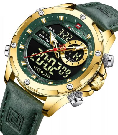 Naviforce - Elegantní pánské hodinky zlaté, kulaté analogové hodinky s koženým páskem