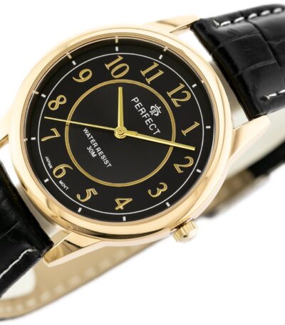 Pánské elegantní hodinky Perfect s koženým páskem: analogové, kulaté, zlaté hodinky pro muže