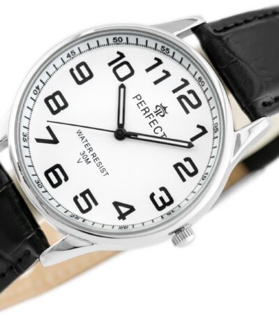 Pánské klasické hodinky Perfect s koženým páskem: analogové, kulaté, stříbrné hodinky pro muže