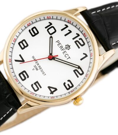Pánské elegantní hodinky Perfect s koženým páskem: analogové, kulaté, zlaté hodinky pro muže