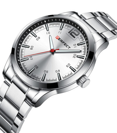 Pánské stylové hodinky Perfect s kovovým páskem: analogové, kulaté, stříbrné hodinky pro muže