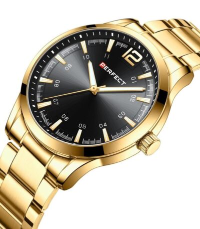 Pánské luxusní hodinky Perfect s kovovým páskem: analogové, kulaté, zlaté hodinky pro muže