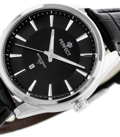 Pánské klasické hodinky Perfect s koženým páskem: analogové, kulaté, stříbrné hodinky pro muže