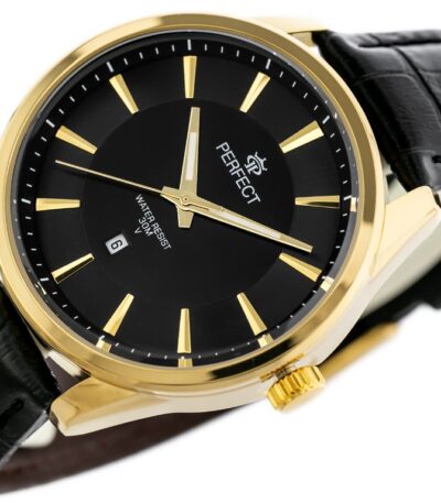Pánské elegantní hodinky Perfect s koženým páskem: analogové, kulaté, zlaté hodinky pro muže