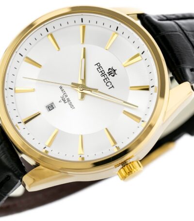 Pánské elegantní hodinky Perfect s koženým páskem: analogové, kulaté, zlaté hodinky pro muže