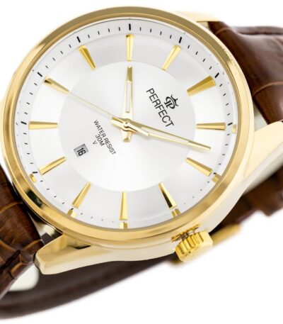 Pánské elegantní hodinky Perfect s koženým páskem: analogové, kulaté, zlaté hodinky pro muže