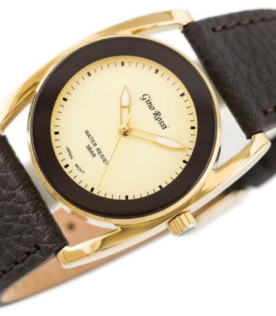 Dámské elegantní hodinky mají kožený pásek a jsou ve stylové zlaté barvě . Gino Rossi hodinky