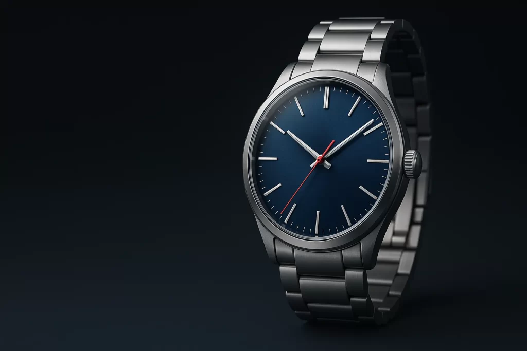 Modré hodinky s kovovým řemínkem Perfect – detailní pohled na modrý ciferník s červenou sekundovou ručičkou