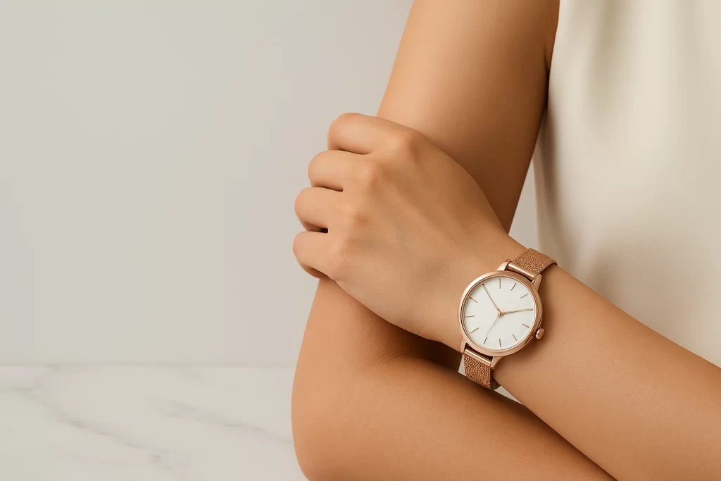 Dámské elegantní hodinky s růžově zlatým páskem na ruce ženy