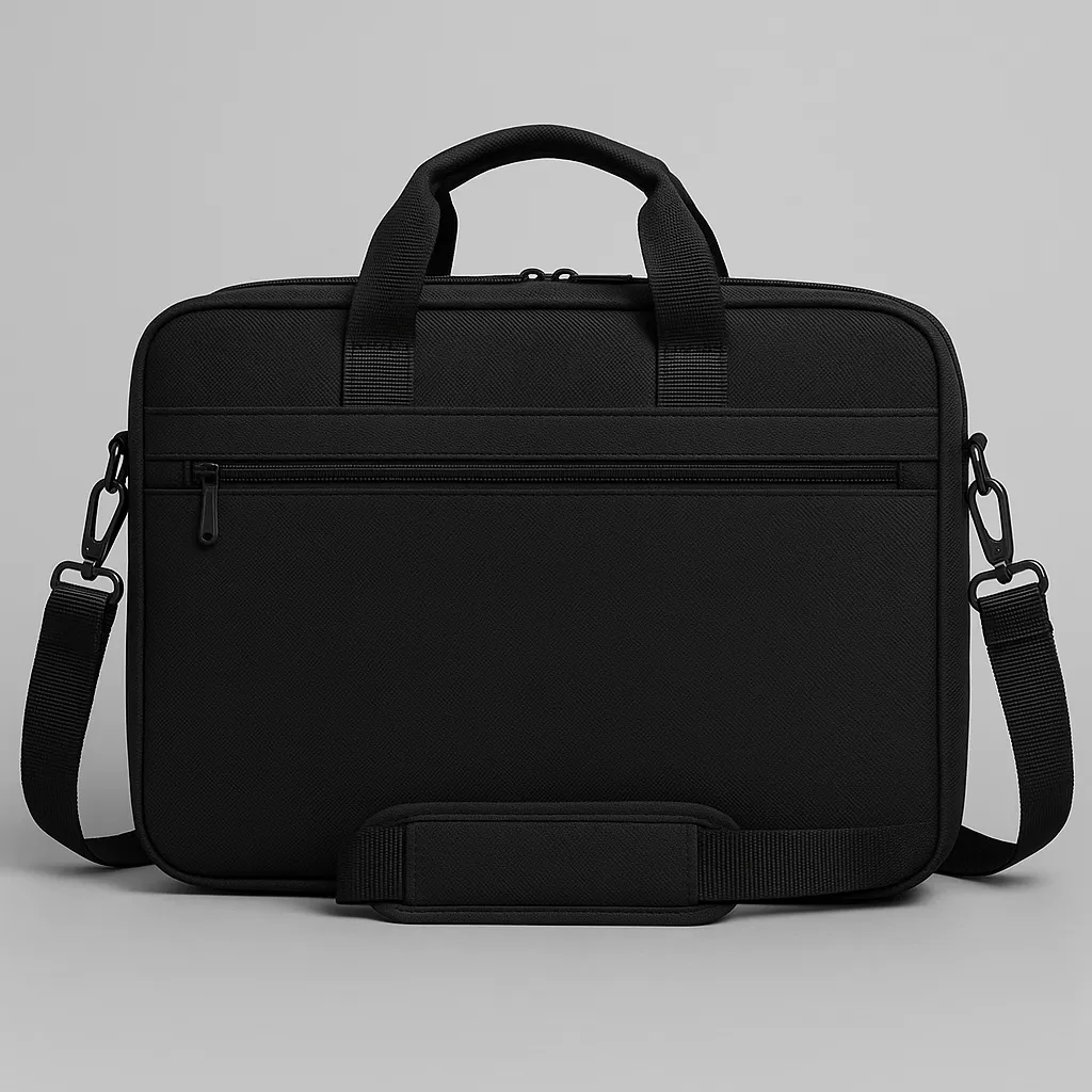 Černá taška na notebook s ramenním popruhem a úchyty, moderní minimalistický design"