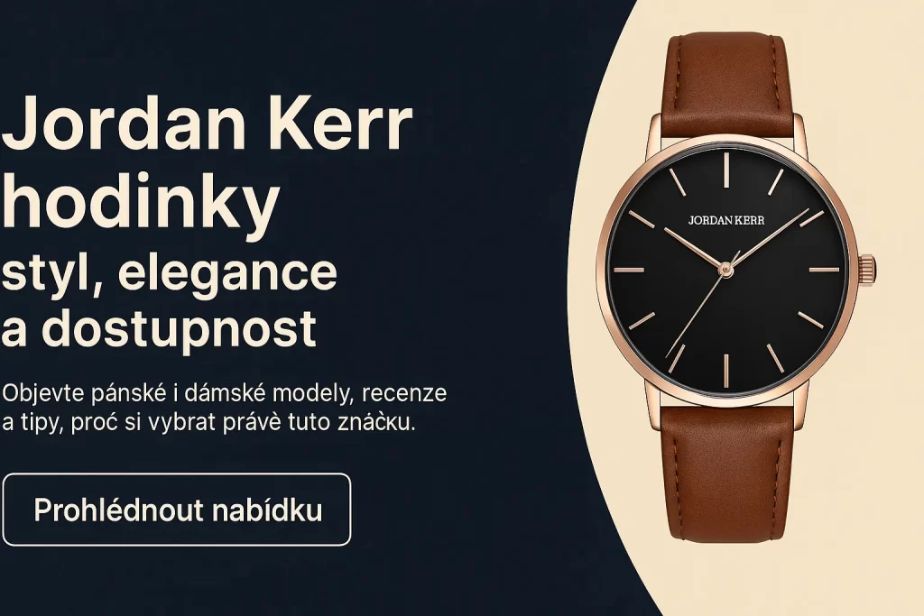„Digitální banner s pánskými hodinkami Jordan Kerr v elegantním designu – černý ciferník, hnědý kožený pásek, text ‘Jordan Kerr hodinky – styl, elegance a dostupnost’ a tlačítko Prohlédnout nabídku.“